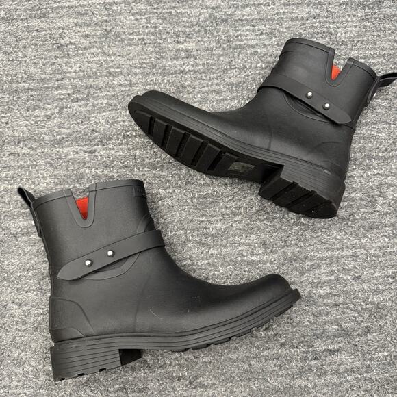 Rag & Bone Moto Rubber Rain Boots Women US 7.5 38 Black Red Lining Ankle Booties - Picture 2 of 13